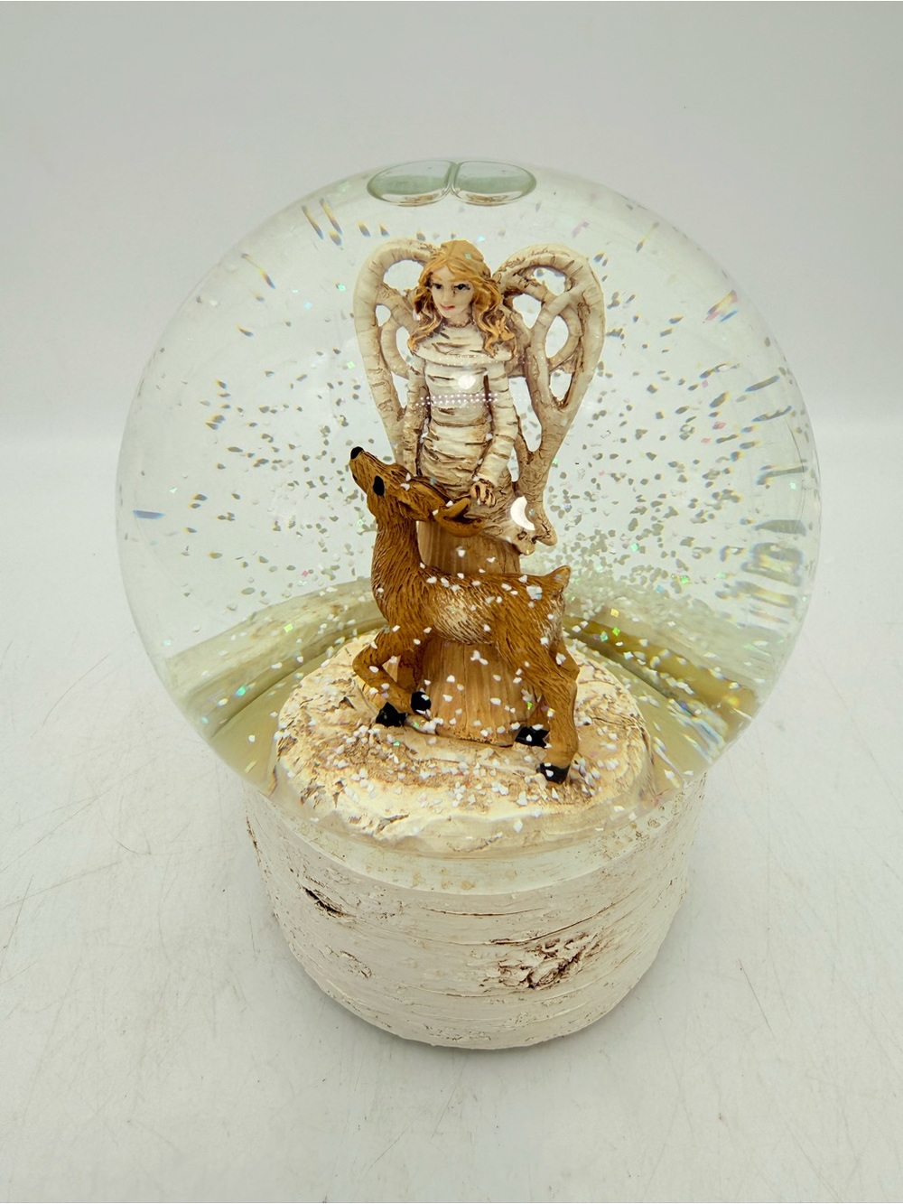 Angel and Deer Glitter Snow Globe - White and Brown Home Art